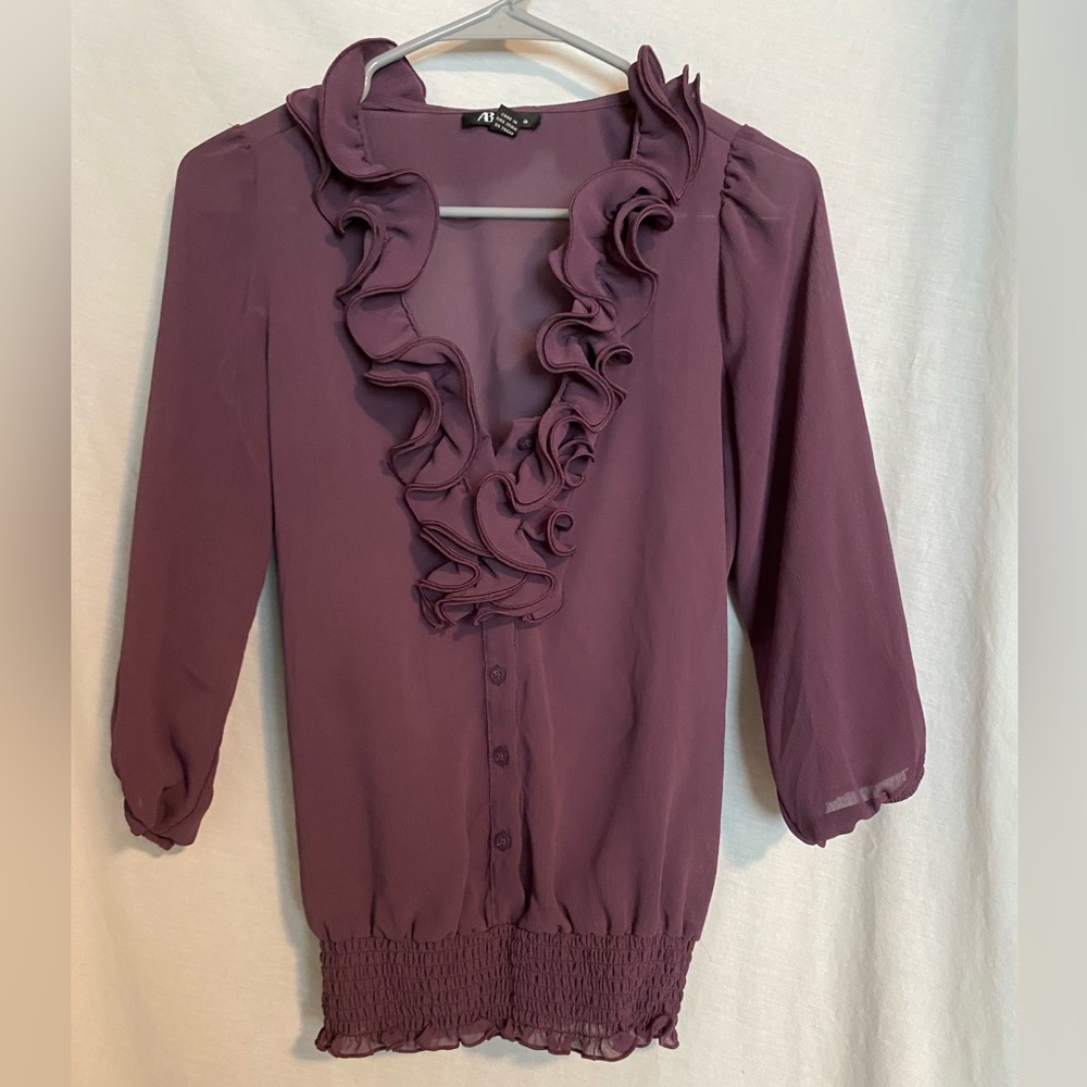 AB Studio Sheer Ruffled Blouse Eggplant Small